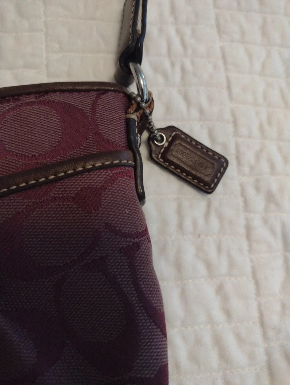 Coach Purple Signature Logo Crossbody Bag Zip Top Adjustable Strap Silver Brown